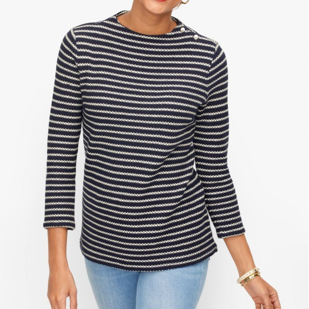TALBOTS NAVY WHITE 3/4 SLEEVE TEXTURED STRIPE FUNNEL NECK TOP